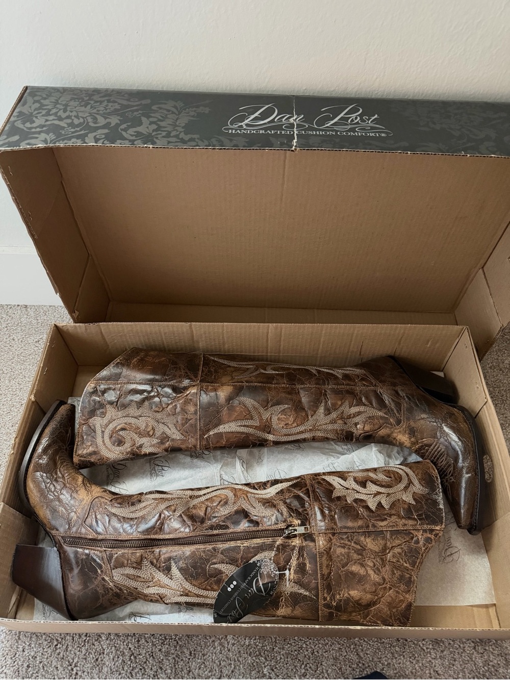 Dan Post Distressed Brown Embossed Leather Western Knee Boots